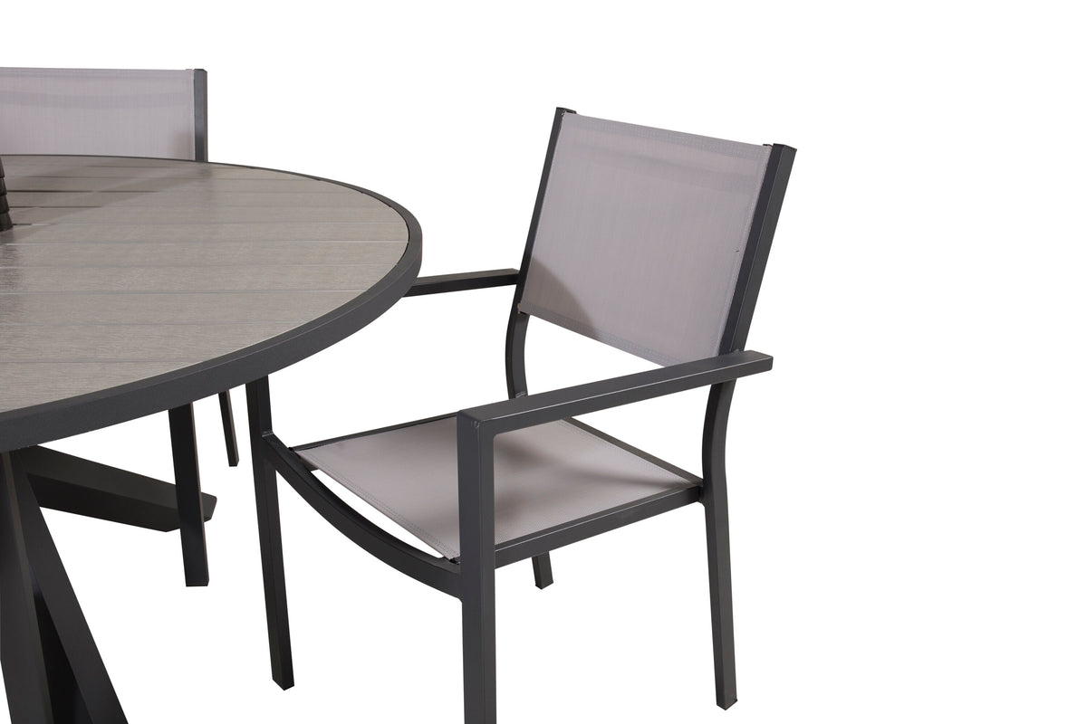 Parma matbord svart aluminium/grå aintwood Ø140 cm med Copacabana karmstol (stapelbar)