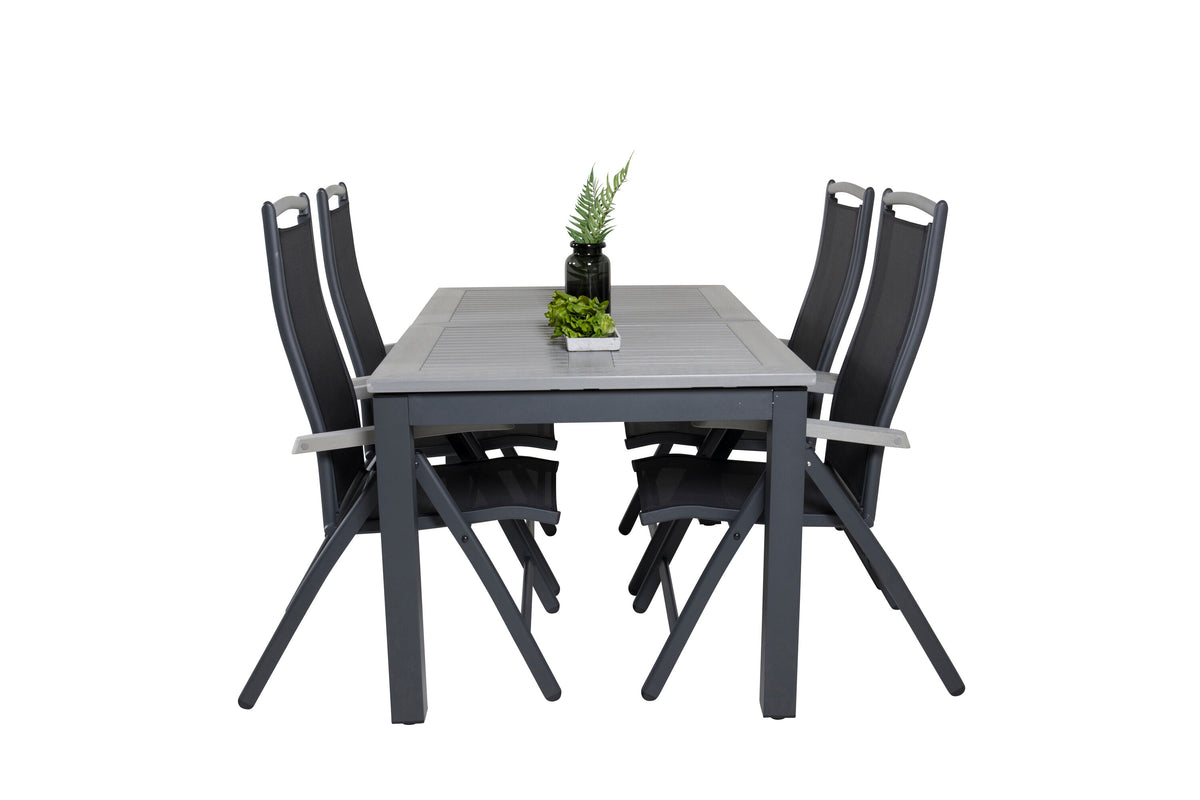 Albany matbord svart/grå 160/240 cm med 4 Albany 5-positionsstolar svart/svart