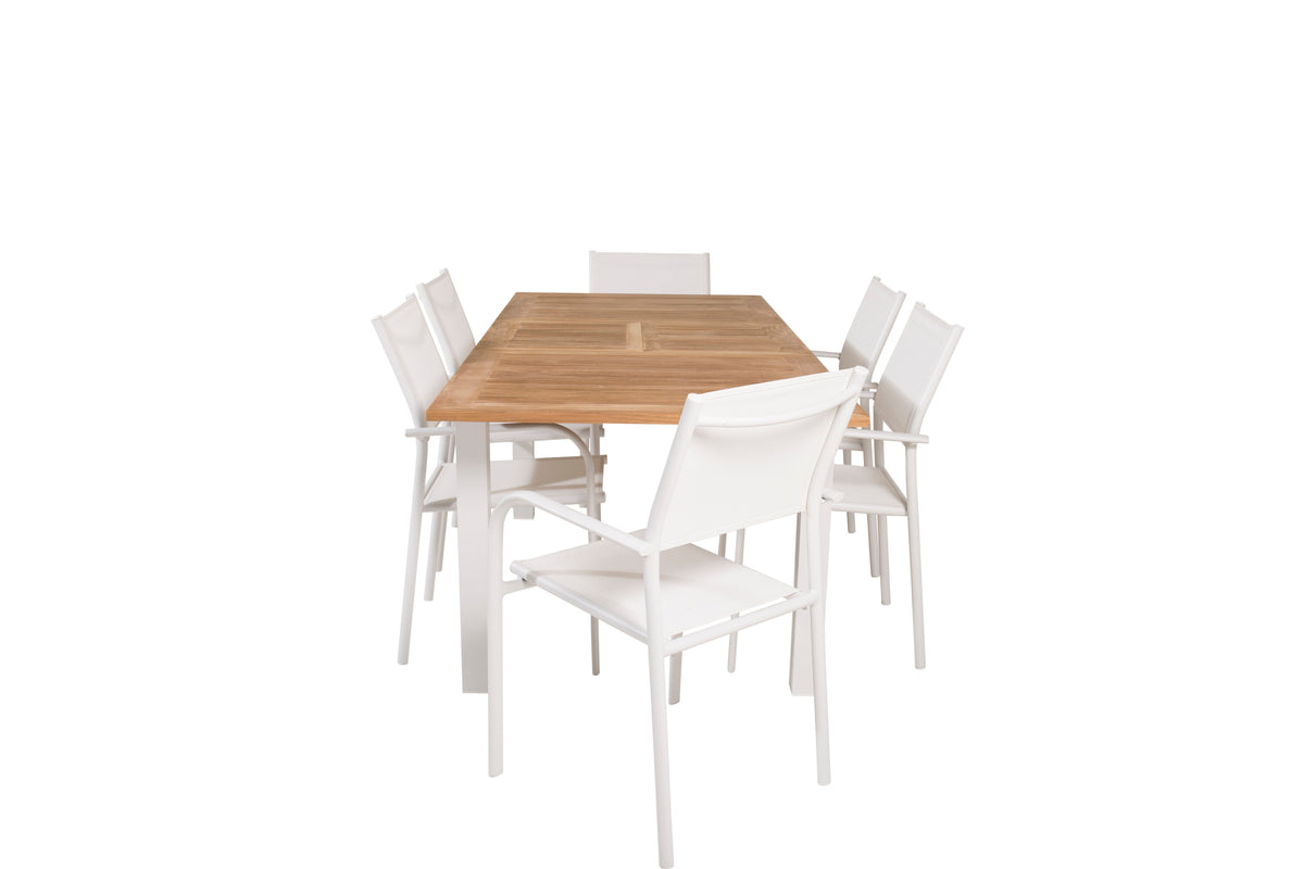 Panama matgrupp med 6 Santorini karmstolar 152/210x90 cm vit/teak