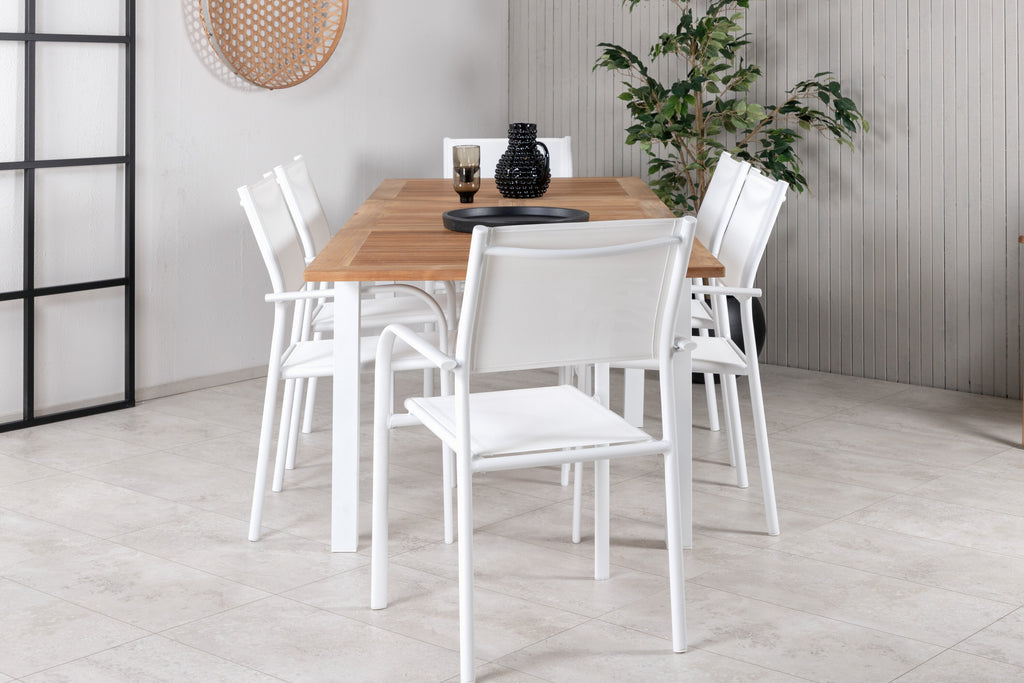 Panama matgrupp med 6 Santorini karmstolar 152/210x90 cm vit/teak
