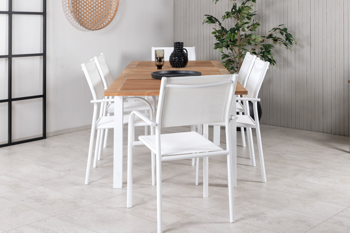 Panama matgrupp med 6 Santorini karmstolar 152/210x90 cm vit/teak