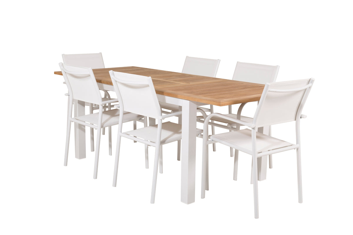Panama matgrupp med 6 Santorini karmstolar 152/210x90 cm vit/teak