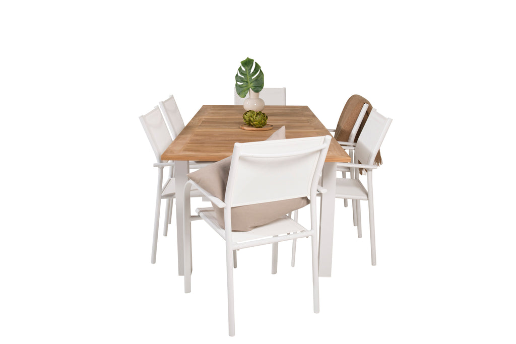 Panama matgrupp med 6 Santorini karmstolar 152/210x90 cm vit/teak