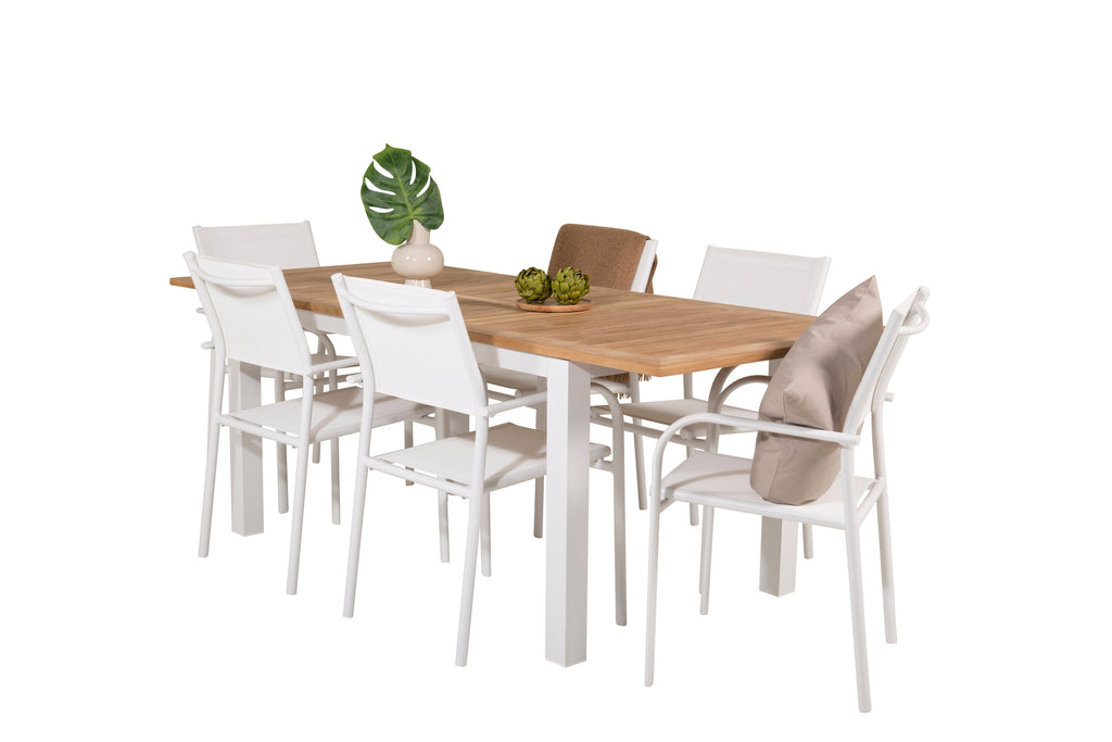 Panama matgrupp med 6 Santorini karmstolar 152/210x90 cm vit/teak