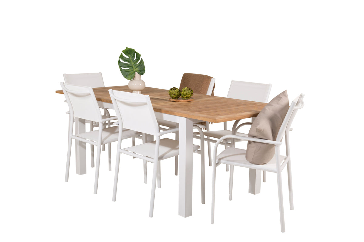 Panama matgrupp med 6 Santorini karmstolar 152/210x90 cm vit/teak