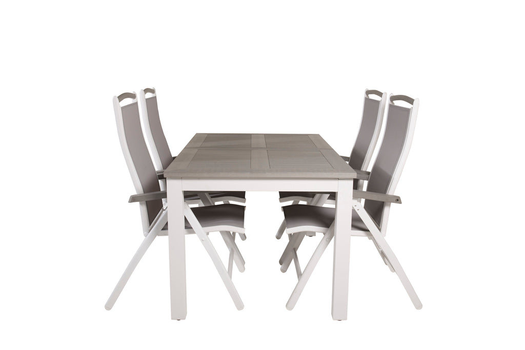 Albany matbord vit aluminium/grå aintwood 152/210x90 cm med 4 Albany 5-positionsstolar vit aluminium/grå textilene/aintwood
