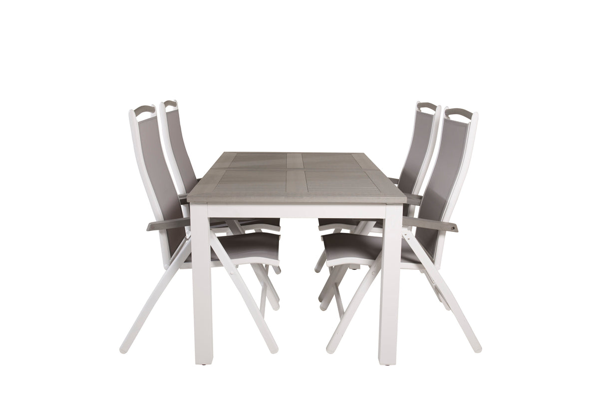 Albany matbord vit aluminium/grå aintwood 152/210x90 cm med 4 Albany 5-positionsstolar vit aluminium/grå textilene/aintwood