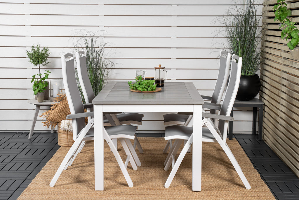 Albany matbord vit aluminium/grå aintwood 152/210x90 cm med 4 Albany 5-positionsstolar vit aluminium/grå textilene/aintwood