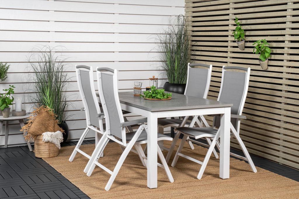 Albany matbord vit aluminium/grå aintwood 152/210x90 cm med 4 Albany 5-positionsstolar vit aluminium/grå textilene/aintwood