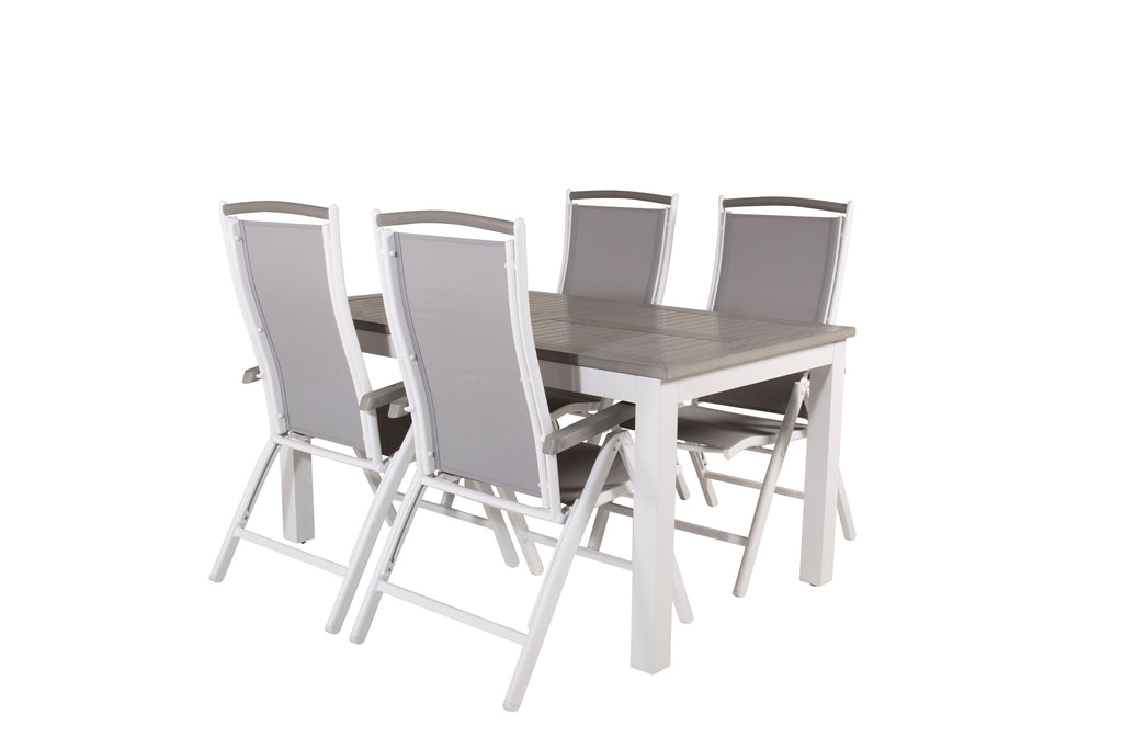 Albany matbord vit aluminium/grå aintwood 152/210x90 cm med 4 Albany 5-positionsstolar vit aluminium/grå textilene/aintwood