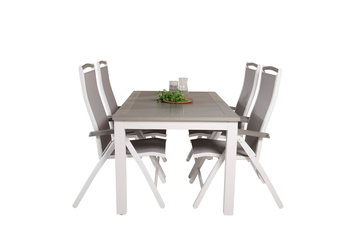 Albany matbord vit aluminium/grå aintwood 152/210x90 cm med 4 Albany 5-positionsstolar vit aluminium/grå textilene/aintwood
