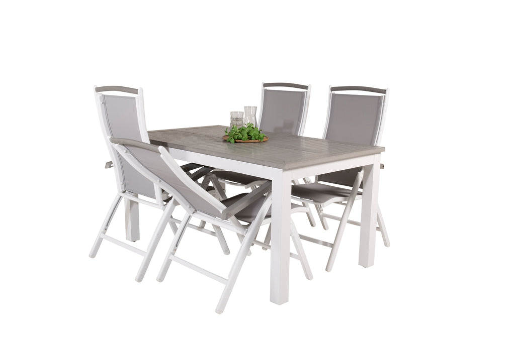 Albany matbord vit aluminium/grå aintwood 152/210x90 cm med 4 Albany 5-positionsstolar vit aluminium/grå textilene/aintwood
