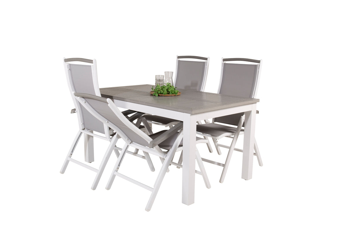 Albany matbord vit aluminium/grå aintwood 152/210x90 cm med 4 Albany 5-positionsstolar vit aluminium/grå textilene/aintwood