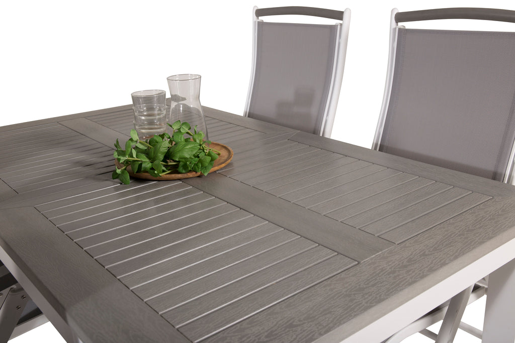 Albany matbord vit aluminium/grå aintwood 152/210x90 cm med 4 Albany 5-positionsstolar vit aluminium/grå textilene/aintwood