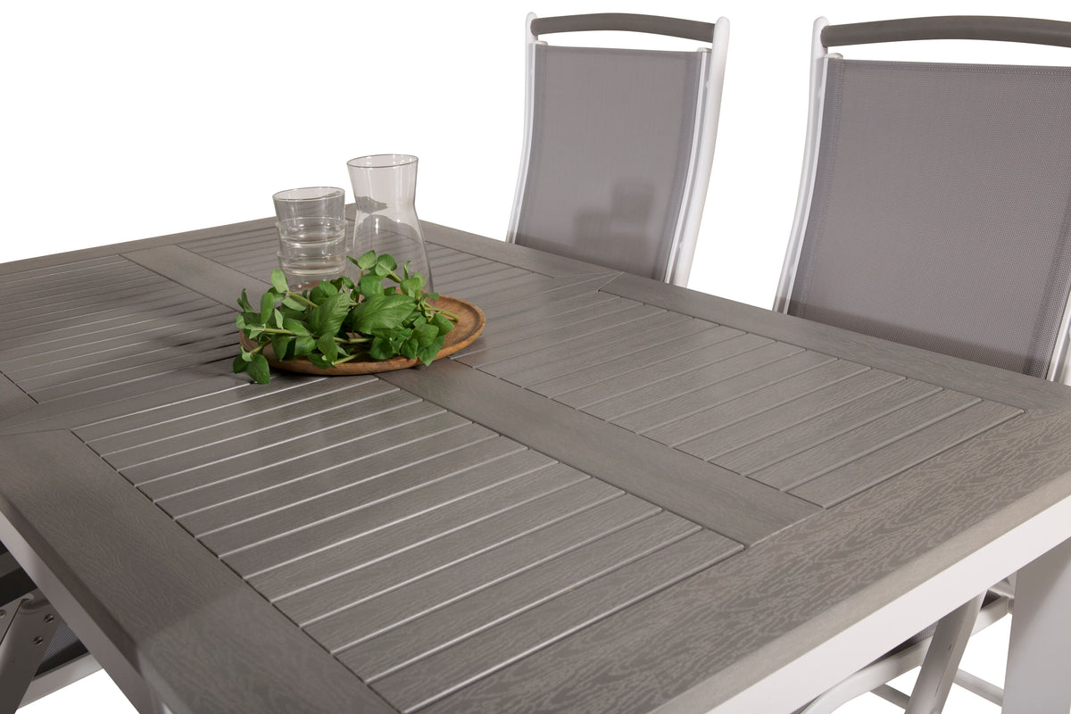 Albany matbord vit aluminium/grå aintwood 152/210x90 cm med 4 Albany 5-positionsstolar vit aluminium/grå textilene/aintwood