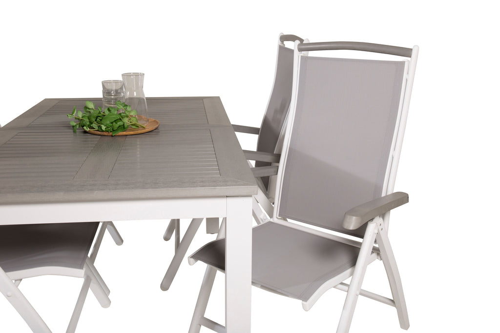 Albany matbord vit aluminium/grå aintwood 152/210x90 cm med 4 Albany 5-positionsstolar vit aluminium/grå textilene/aintwood