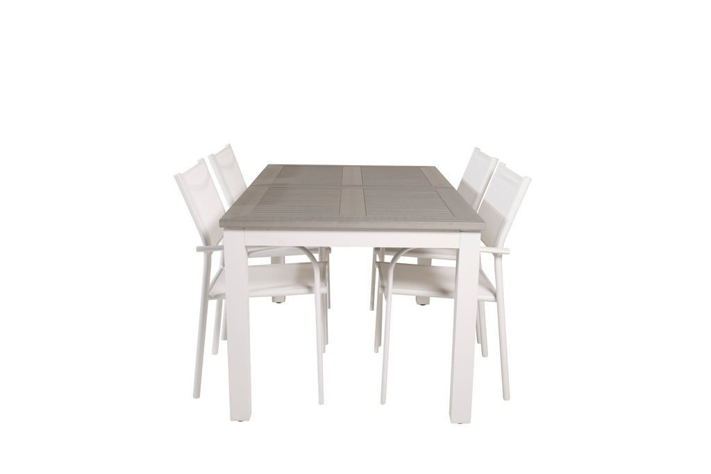 Albany matbord vit aluminium/grå aintwood 152/210x90 cm med 4 Santorini karmstolar (stapelbar) vit aluminium/vit textilene