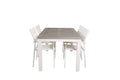 Albany matbord vit aluminium/grå aintwood 152/210x90 cm med 4 Santorini karmstolar (stapelbar) vit aluminium/vit textilene