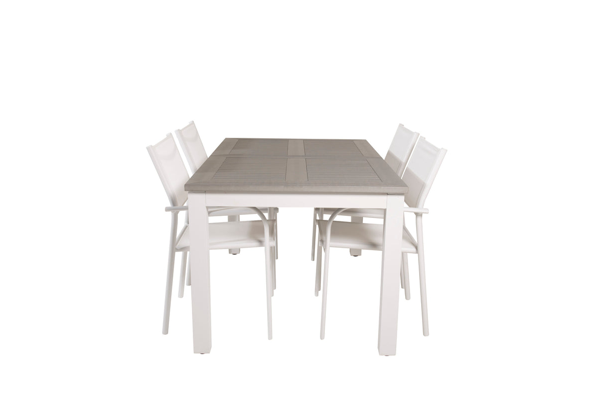 Albany matbord vit aluminium/grå aintwood 152/210x90 cm med 4 Santorini karmstolar (stapelbar) vit aluminium/vit textilene