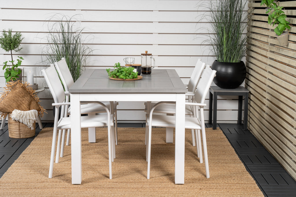 Albany matbord vit aluminium/grå aintwood 152/210x90 cm med 4 Santorini karmstolar (stapelbar) vit aluminium/vit textilene