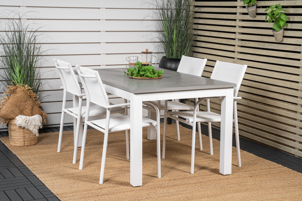 Albany matbord vit aluminium/grå aintwood 152/210x90 cm med 4 Santorini karmstolar (stapelbar) vit aluminium/vit textilene