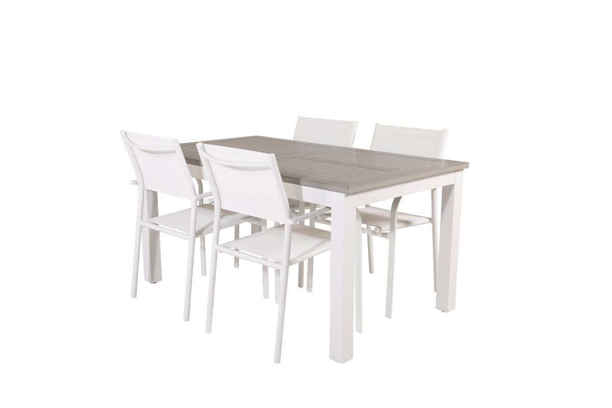 Albany matbord vit aluminium/grå aintwood 152/210x90 cm med 4 Santorini karmstolar (stapelbar) vit aluminium/vit textilene