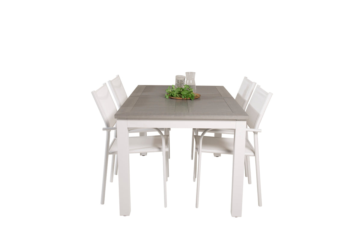 Albany matbord vit aluminium/grå aintwood 152/210x90 cm med 4 Santorini karmstolar (stapelbar) vit aluminium/vit textilene