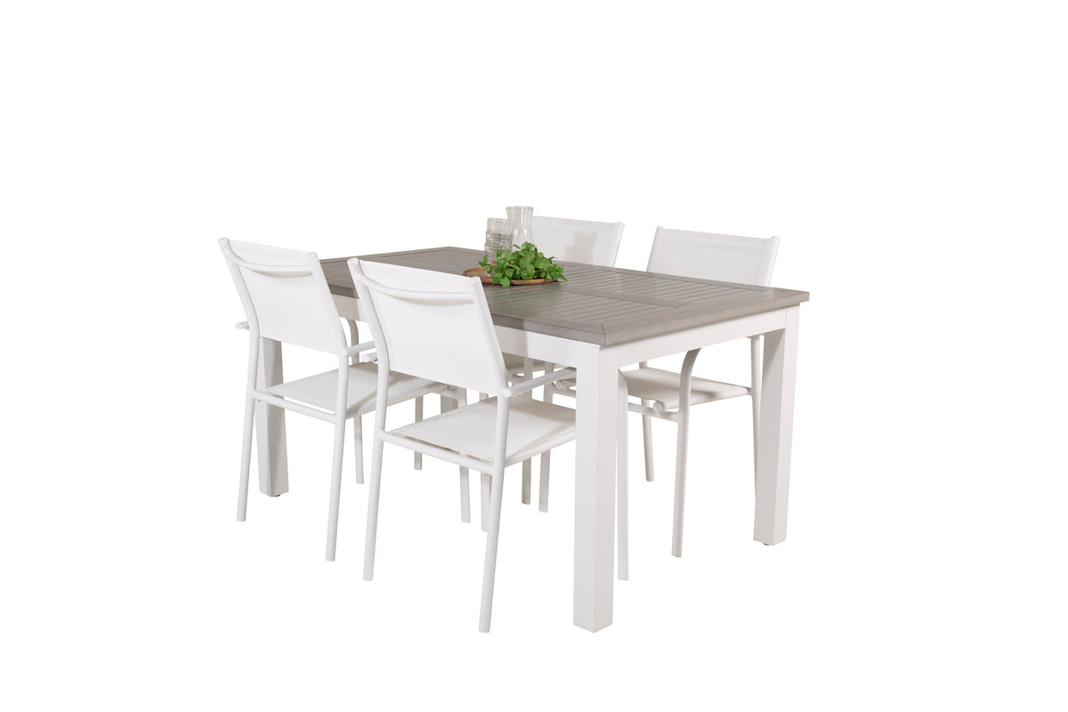 Albany matbord vit aluminium/grå aintwood 152/210x90 cm med 4 Santorini karmstolar (stapelbar) vit aluminium/vit textilene