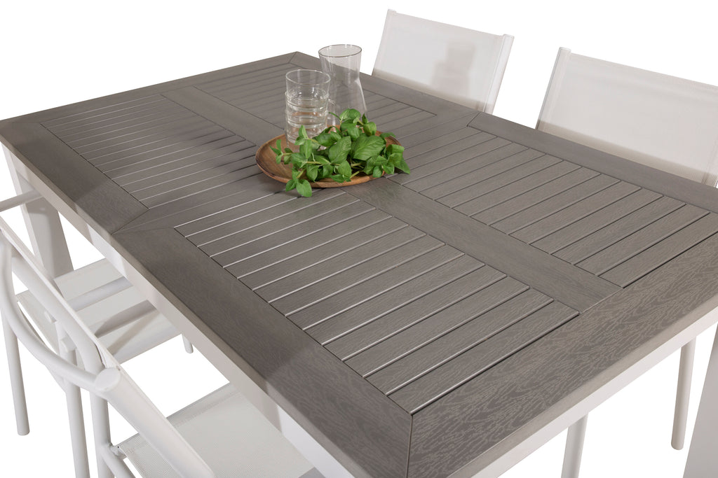 Albany matbord vit aluminium/grå aintwood 152/210x90 cm med 4 Santorini karmstolar (stapelbar) vit aluminium/vit textilene