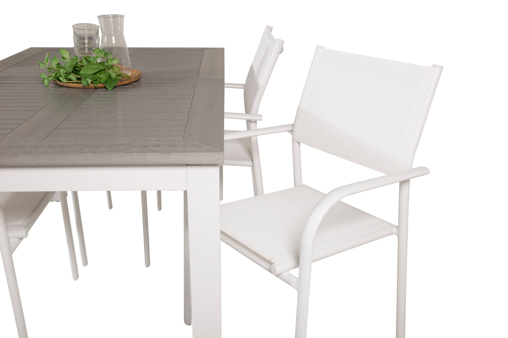 Albany matbord vit aluminium/grå aintwood 152/210x90 cm med 4 Santorini karmstolar (stapelbar) vit aluminium/vit textilene