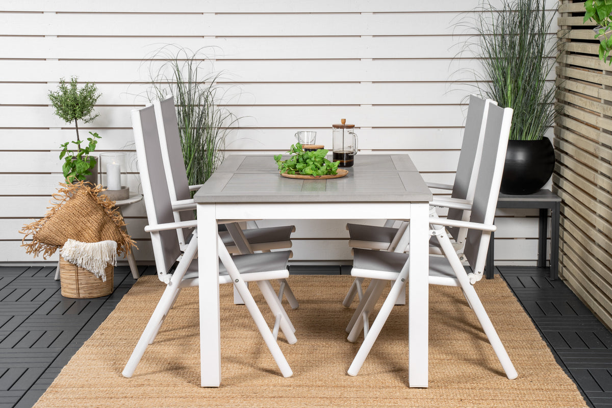 Albany matbord vit aluminium/grå aintwood 152/210x90 cm med 4 Break 5-positionsstolar vit aluminium/grå textilene