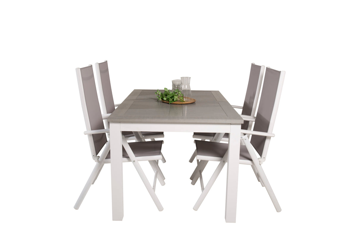 Albany matbord vit aluminium/grå aintwood 152/210x90 cm med 4 Break 5-positionsstolar vit aluminium/grå textilene