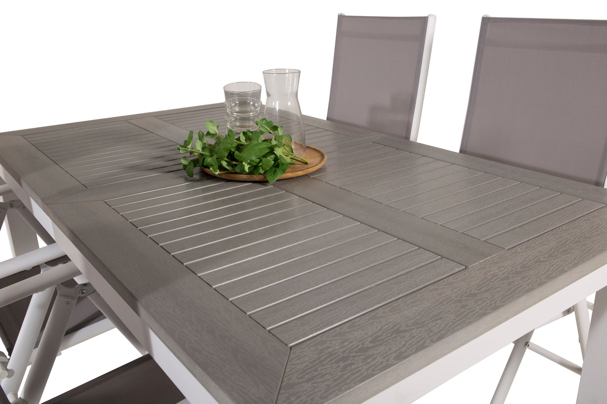Albany matbord vit aluminium/grå aintwood 152/210x90 cm med 4 Break 5-positionsstolar vit aluminium/grå textilene