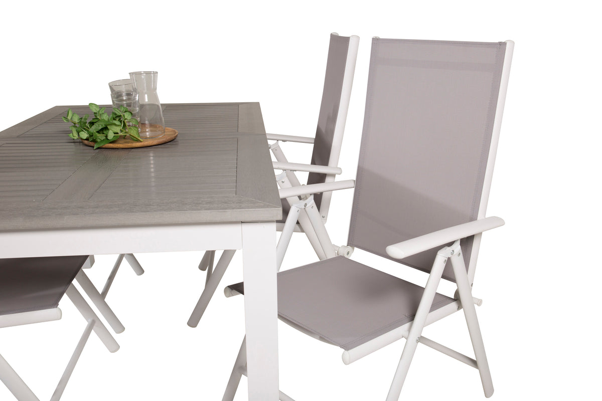 Albany matbord vit aluminium/grå aintwood 152/210x90 cm med 4 Break 5-positionsstolar vit aluminium/grå textilene