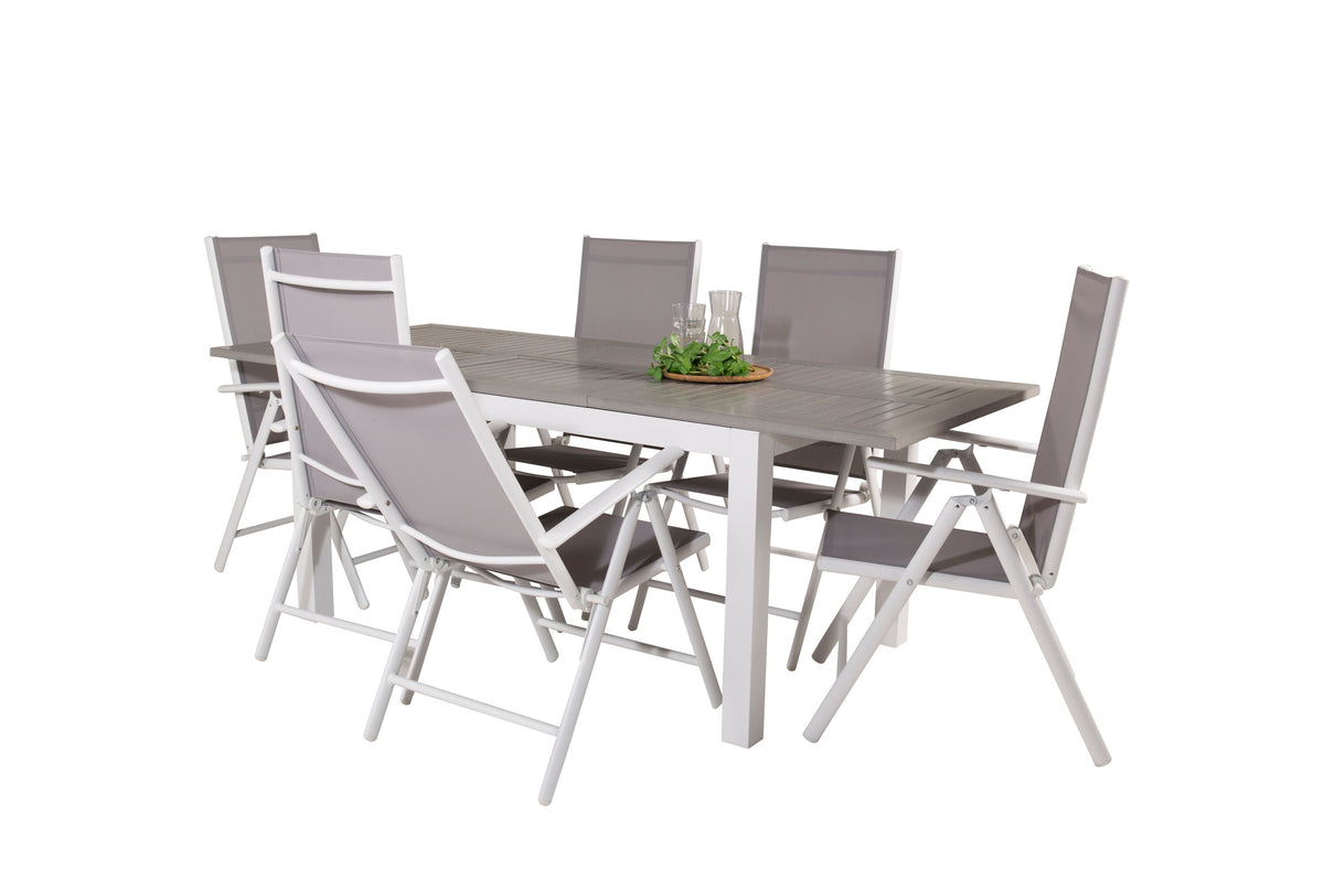 Albany matgrupp med 6 Break positionsstolar 152/210x90 cm vit/grå