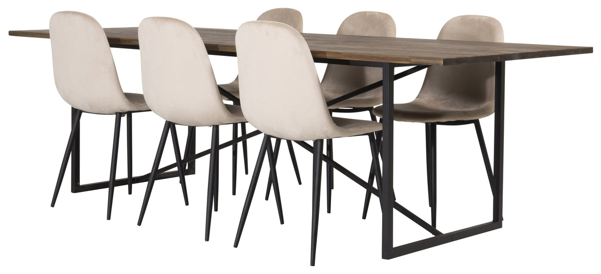 Padang matbord svart/mörk teak 250x100xH76 med 6 Polar matstolar svarta ben/beige sammet
