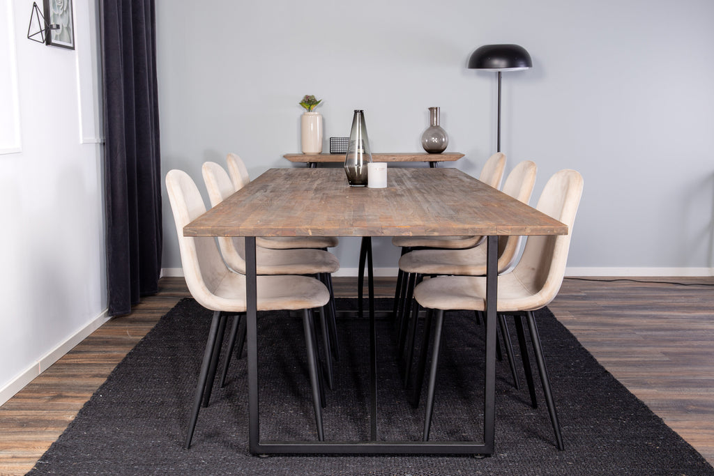 Padang matbord svart/mörk teak 250x100xH76 med 6 Polar matstolar svarta ben/beige sammet