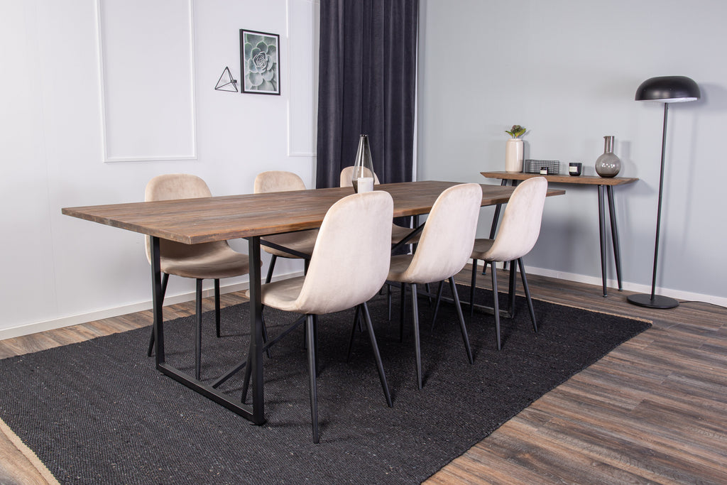 Padang matbord svart/mörk teak 250x100xH76 med 6 Polar matstolar svarta ben/beige sammet