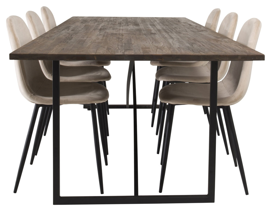 Padang matbord svart/mörk teak 250x100xH76 med 6 Polar matstolar svarta ben/beige sammet