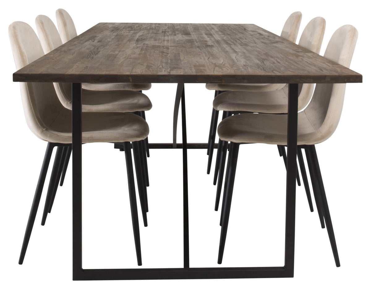 Padang matbord svart/mörk teak 250x100xH76 med 6 Polar matstolar svarta ben/beige sammet