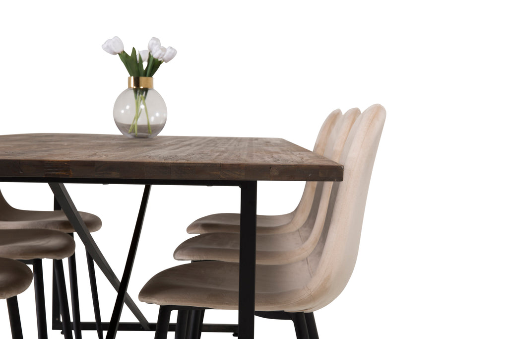 Padang matbord svart/mörk teak 250x100xH76 med 6 Polar matstolar svarta ben/beige sammet
