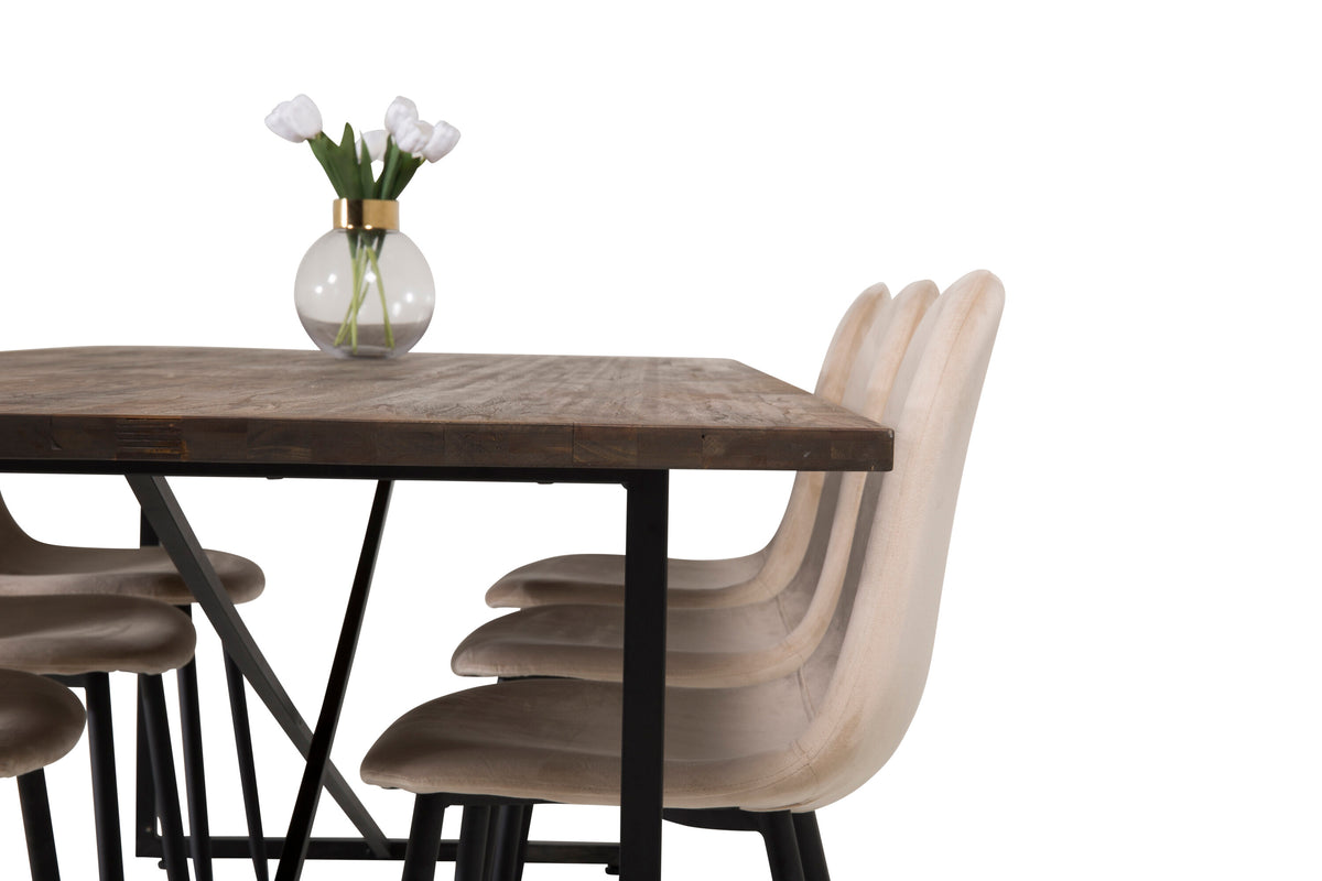 Padang matbord svart/mörk teak 250x100xH76 med 6 Polar matstolar svarta ben/beige sammet