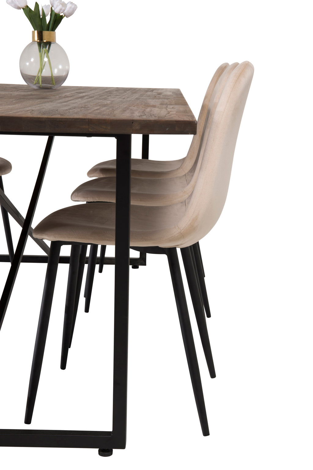 Padang matbord svart/mörk teak 250x100xH76 med 6 Polar matstolar svarta ben/beige sammet