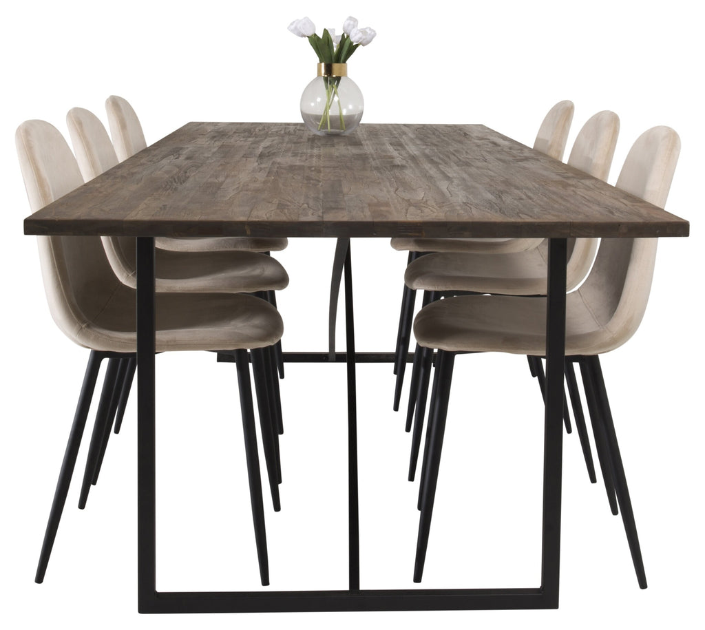 Padang matbord svart/mörk teak 250x100xH76 med 6 Polar matstolar svarta ben/beige sammet