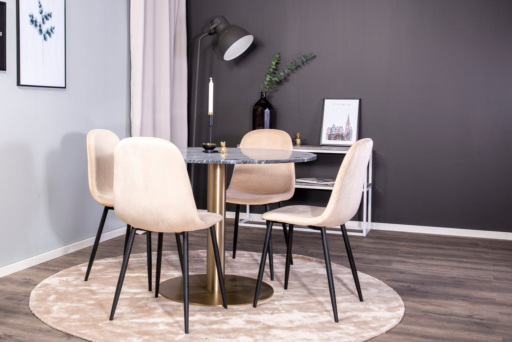 Estelle runt matbord borstad mässing/svart marmor Ø106xH75 med Polar matstol svarta ben/beige sammet 4