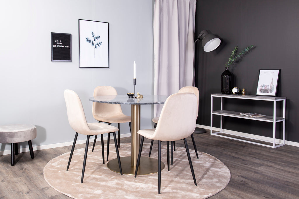 Estelle runt matbord borstad mässing/svart marmor Ø106xH75 med Polar matstol svarta ben/beige sammet 4