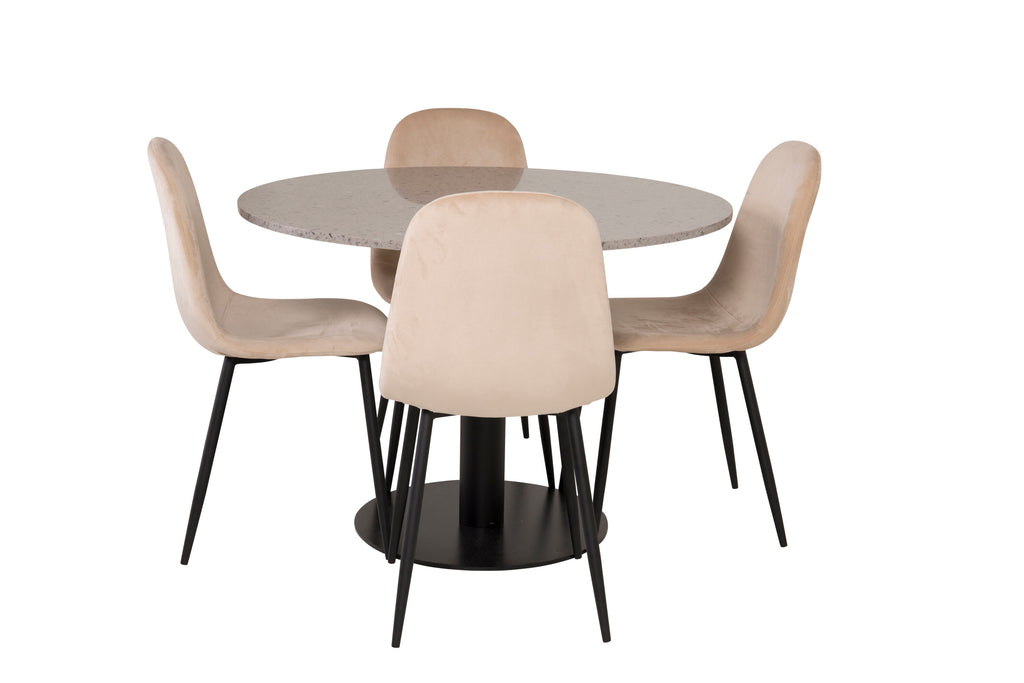 Razzia matbord 106cm grå terrazzo/svart med Polar matstol svarta ben/beige sammet 4
