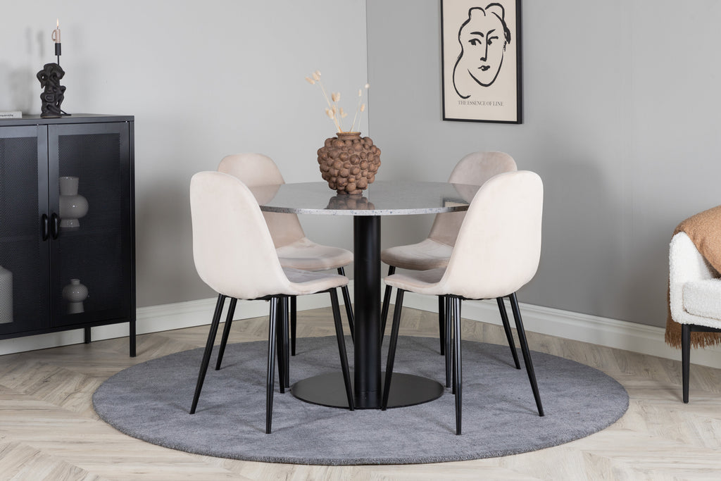 Razzia matbord 106cm grå terrazzo/svart med Polar matstol svarta ben/beige sammet 4