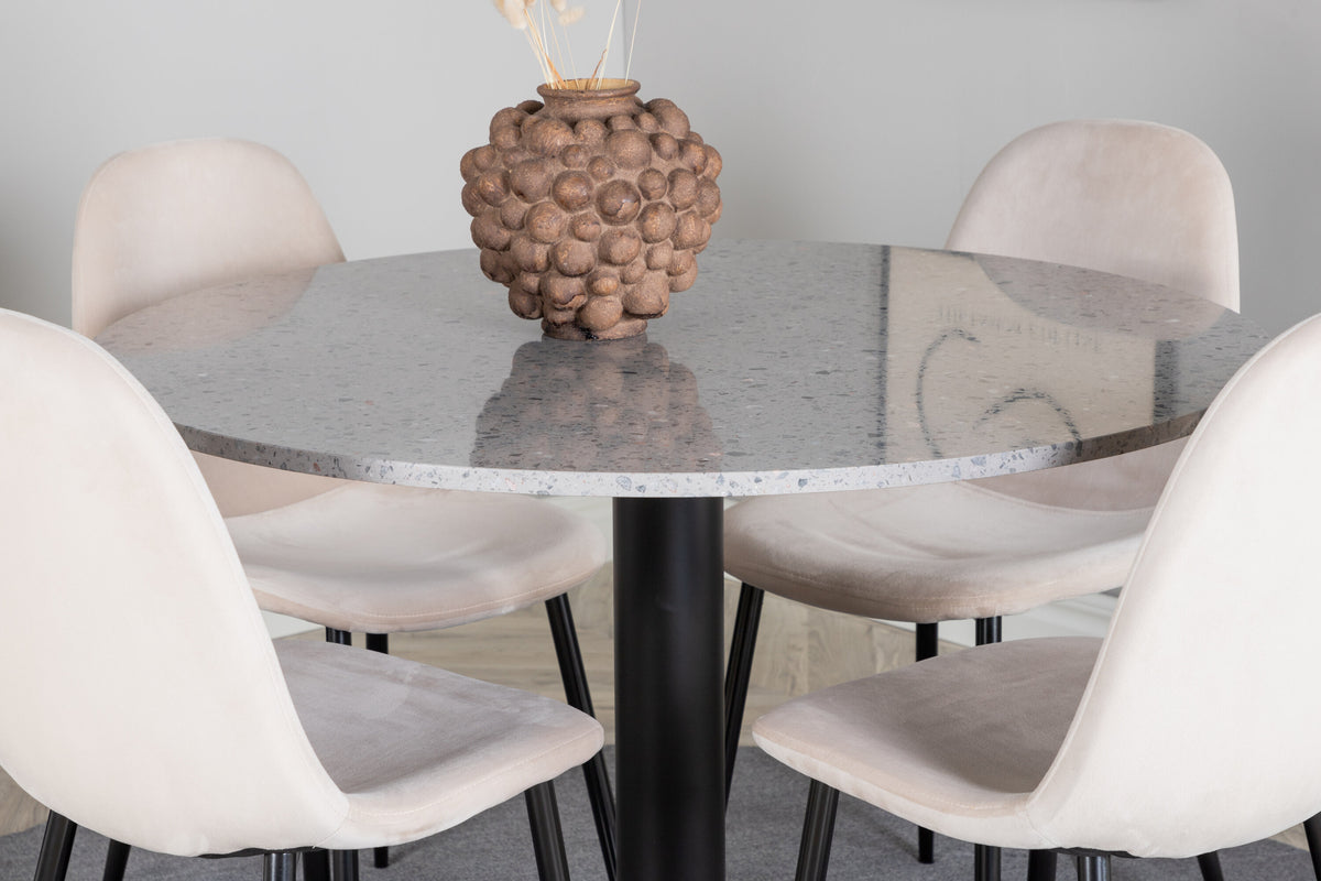 Razzia matbord 106cm grå terrazzo/svart med Polar matstol svarta ben/beige sammet 4