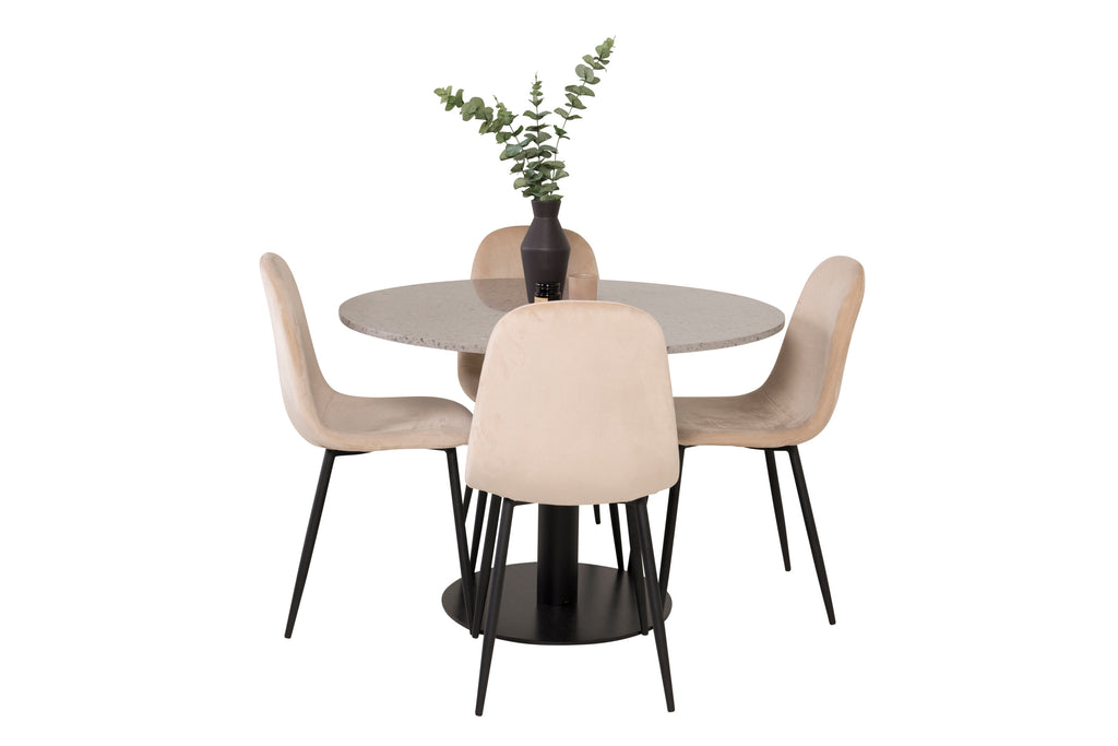 Razzia matbord 106cm grå terrazzo/svart med Polar matstol svarta ben/beige sammet 4